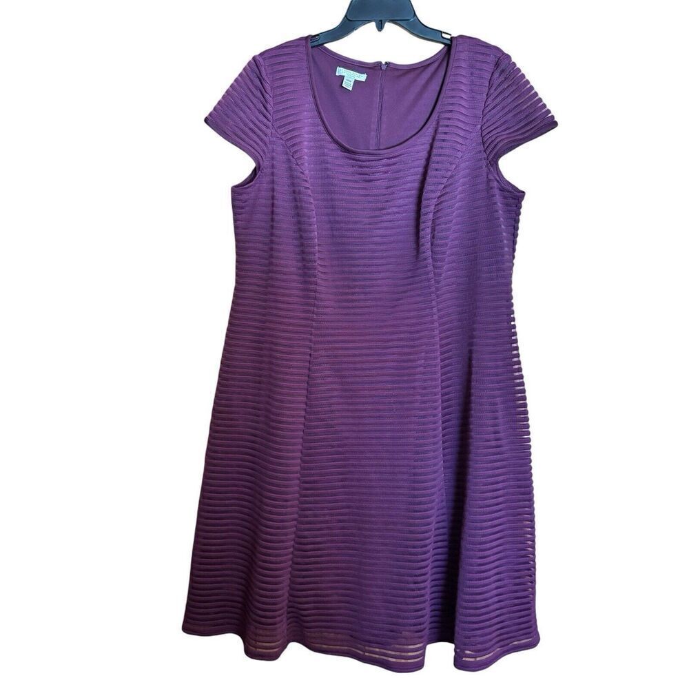 London Style Fit Flare Dress Women 18W Purple Stripe Stretch Cap Sleeve Cocktail
